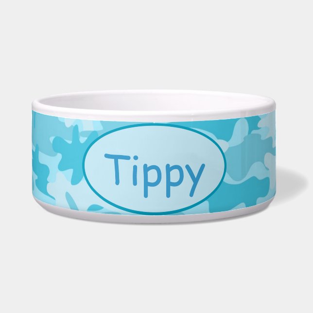 青緑の迷彩柄のCamoflaugeのカスタムペット ボウル (正面)