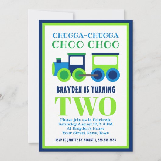 青緑のChoo Chooの列車の第2誕生会 招待状 (正面)