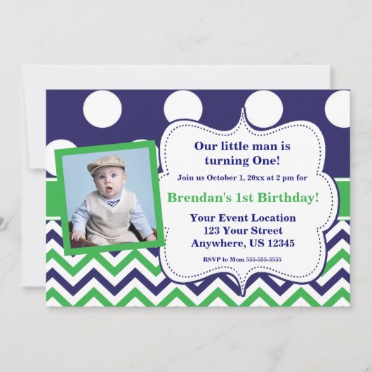 青緑はシェブロンの写真の誕生日の招待状に点を打ちます 招待状 (正面)