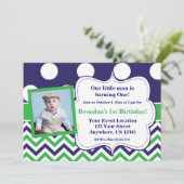 青緑はシェブロンの写真の誕生日の招待状に点を打ちます 招待状 (スタンド正面)