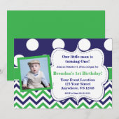 青緑はシェブロンの写真の誕生日の招待状に点を打ちます 招待状 (正面/裏面)