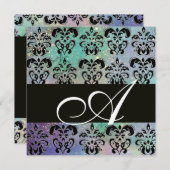 青緑ターコイズブラックダマスクモノグラム , 白 招待状 (正面/裏面)