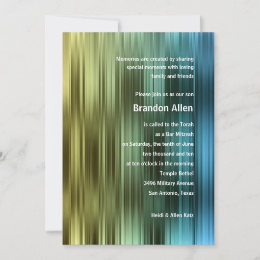 青緑バーの（ユダヤ教の）バル・ミツバーの金ゴールドは縞で飾ります 招待状 (正面)