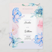 青緑ピンクの花のモダンでおしゃれな水彩画 招待状 (正面/裏面)