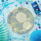 青緑ブロックプリントの花柄 ペーパープレート (パーティー)