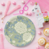 青緑ブロックプリントの花柄 ペーパープレート (パーティー)