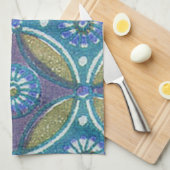 青緑ボホ素朴幾何学円パターン キッチンタオル (四つ折り)