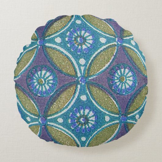 青緑ボホ素朴幾何学円パターン ラウンドクッション (正面)