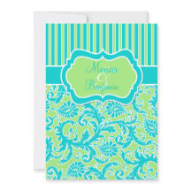 青緑白のストライプが入ったダマスクの結婚式招待状