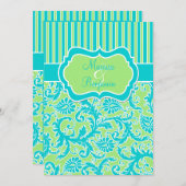 青緑白のストライプが入ったダマスクの結婚式招待状 招待状 (正面/裏面)