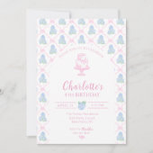 青緑色のアジサイとピンクのボウトレリス 招待状 (正面)