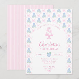 青緑色のアジサイとピンクのボウトレリス 招待状