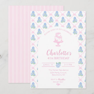 青緑色のアジサイとピンクのボウトレリス 招待状