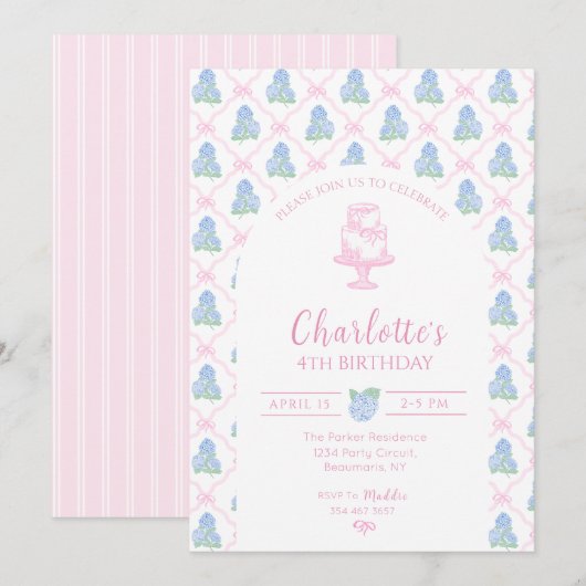 青緑色のアジサイとピンクのボウトレリス 招待状 (正面/裏面)