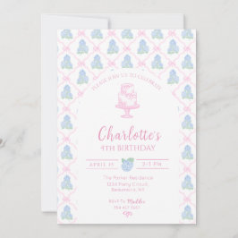 青緑色のアジサイ ピンクの蝶結びのトレリス 招待状