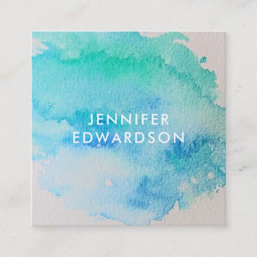 青緑色のティール（緑がかった色）水色（ばちゃばちゃ）跳ねるスプラッシュ スクエア名刺 (正面)