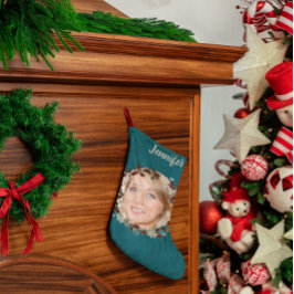 青緑色の写真のリースと名前入り ラージクリスマスストッキング