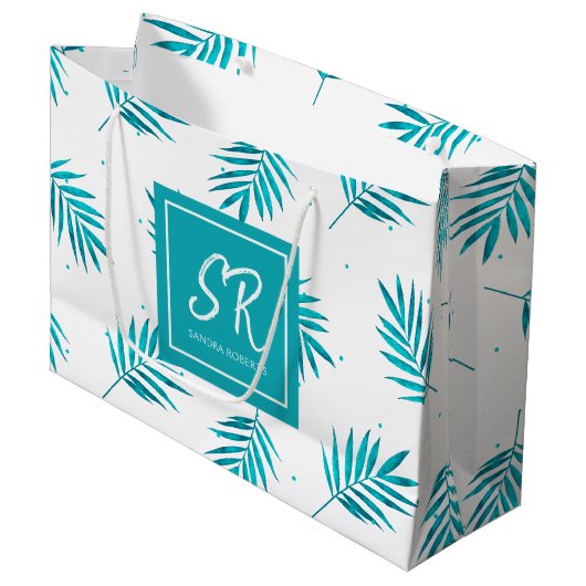 青緑色の熱帯葉模様 ラージペーパーバッグ (正面アングル)