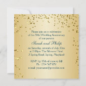 青緑色の背景に金色のバラと紙吹雪、50周年おめでとう 招待状 (裏面)