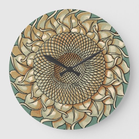 青緑色の背景のヒマワリの開花 ラージ壁時計 (正面)