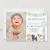 青緑色の金ゴールドのかわいい犬の子犬の誕生日写真 招待状 (正面)