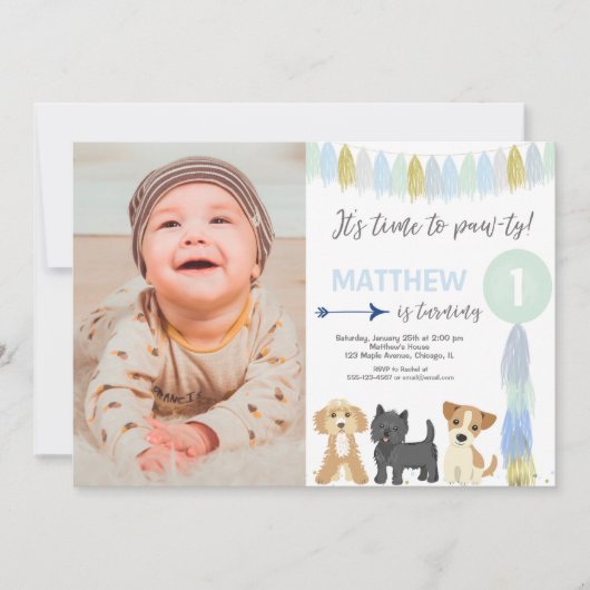 青緑色の金ゴールドのかわいい犬の子犬の誕生日写真 招待状 (正面)