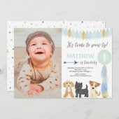 青緑色の金ゴールドのかわいい犬の子犬の誕生日写真 招待状 (正面/裏面)