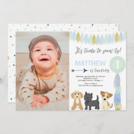 青緑色の金ゴールドのかわいい犬の子犬の誕生日写真 招待状