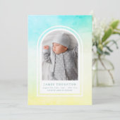 青緑色の黄色の水色写真ベビー誕生 案内状 (スタンド正面)