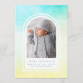 青緑色の黄色の水色写真ベビー誕生 案内状 (正面)