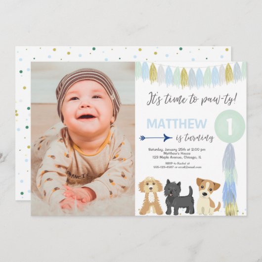 青緑色ゴールドの可愛い犬の子犬の男の子の誕生日写真 招待状 (正面/裏面)
