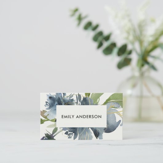 青緑色金ゴールドエレガントフローラ水色 名刺 (スタンド正面)