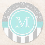 青緑色、灰色および白いモチーフのSripedのモノグラムのコースター ラウンドペーパーコースター (正面)