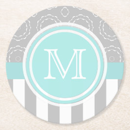 青緑色、灰色および白いモチーフのSripedのモノグラムのコースター ラウンドペーパーコースター