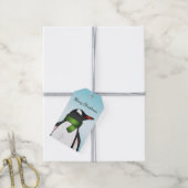 青背景に緑のマフラーを巻いたキュートなジェンツーペンギン ギフトタグ (より糸付き)