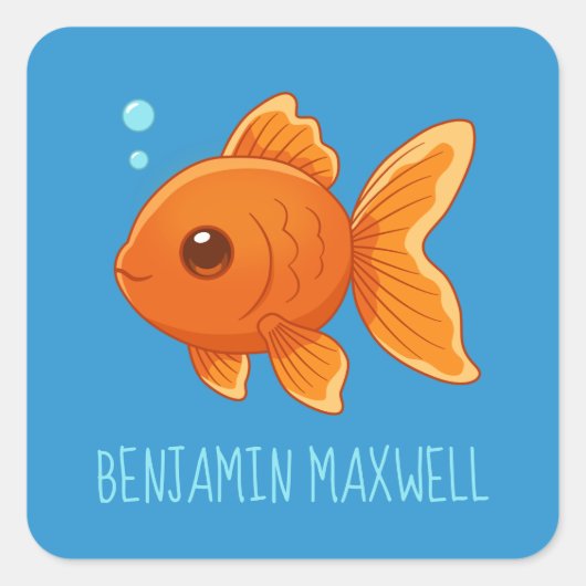 青背景に金魚のイラストとオーダーメイドの名前 スクエアシール (正面)