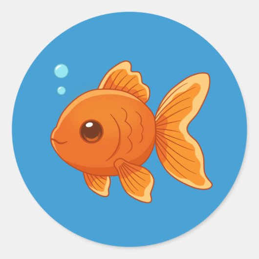 青背景のかわいい金魚のキャラクター ラウンドシール (正面)