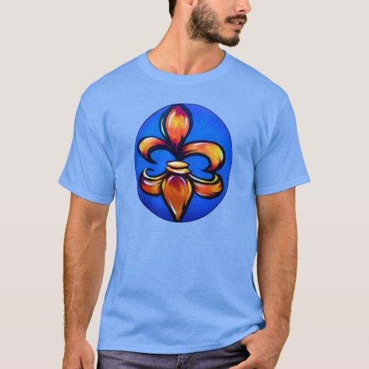 青背景のオレンジのフルール・ド・リス Tシャツ (正面)