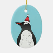 青背景のサンタ帽をかぶったかわいいジェンツーペンギン セラミックオーナメント (正面)