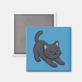青背景のストレッチする黒猫 マグネット (正面/裏面)