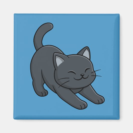青背景のストレッチする黒猫 マグネット (正面)