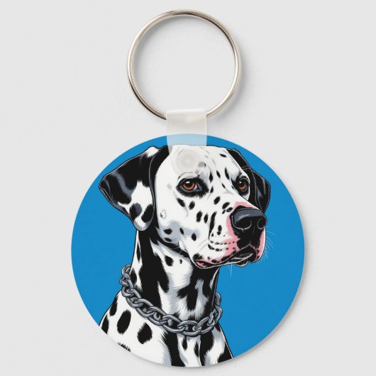 青背景のダルメシアン犬の肖像画 キーホルダー (正面)