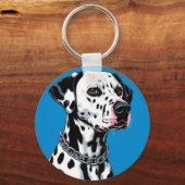 青背景のダルメシアン犬の肖像画 キーホルダー (裏面)