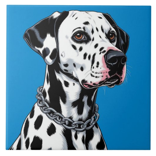 青背景のダルメシアン犬の肖像画 タイル (正面)