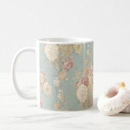 青背景のピンクと白のブッシュローズ コーヒーマグカップ