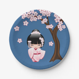 青背景のピンクの着物の可愛いこけし人形 ペーパープレート