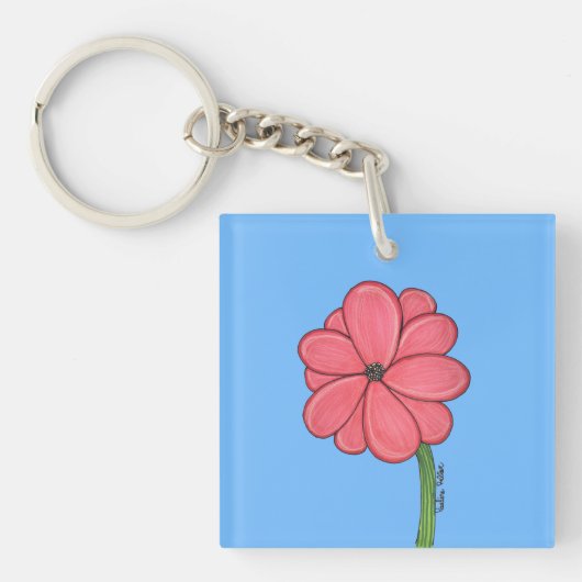 青背景のピンクの花 キーホルダー (正面)