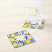 青背景のポルトガル風レモン スクエアペーパーコースター (インサイチュ)