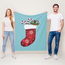 青背景のレッドフェスティブクリスマスストッキン フリースブランケット