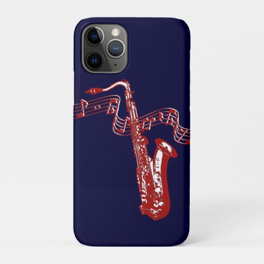 青背景の上の赤いサックスと音符 Case-Mate iPhoneケース (裏)